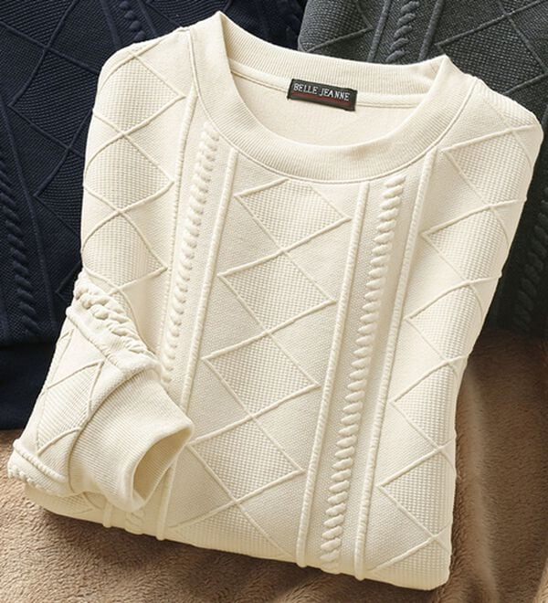 「ケーブル柄ジャカードトレーナー（メンズトレーナー）」｜アイボリー