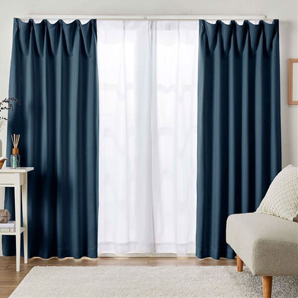 iellio（イエリオ）の「１・２級遮光＆断熱保温＆ＵＶ見えにくいレース付カーテンセット＜４枚組・遮光１級・洗える・無地＞（ドレープカーテン）」｜ネイビー（Ｌｕｎｅ）