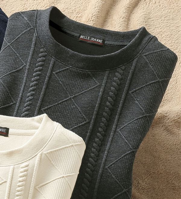 「ケーブル柄ジャカードトレーナー（メンズトレーナー）」｜杢グレー