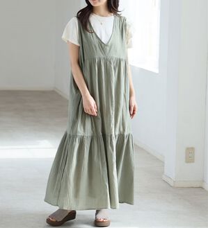 A HAPPY MARILYN（アハッピーマリリン）の「【Ｌ～６Ｌ】【風通るプレミアム】ウエストギャザーＶネックノースリーブワンピース（ロングワンピース）」｜ライトカーキ