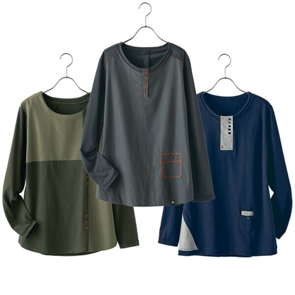 BELLUNA（ベルーナ）の「【３枚組】異素材使い赤ステッチプルオーバー（カットソー）」｜3枚組