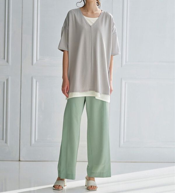 RANAN（ラナン）の「レイヤード風ニットソー半袖チュニック（チュニック）」｜詳細画像