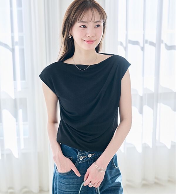 RANAN（ラナン）の「【ひんやり・ＵＶ】タックドレープフレンチスリーブカットソー（Tシャツ）」｜詳細画像