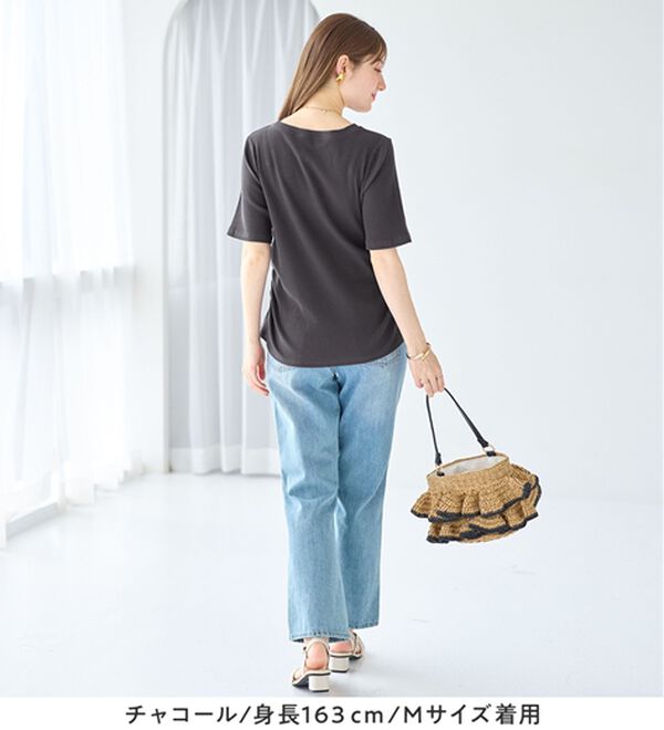 alotta（アロッタ）の「【接触冷感】細見えギャザーデザイン美くびれリブトップス（カットソー）」｜詳細画像