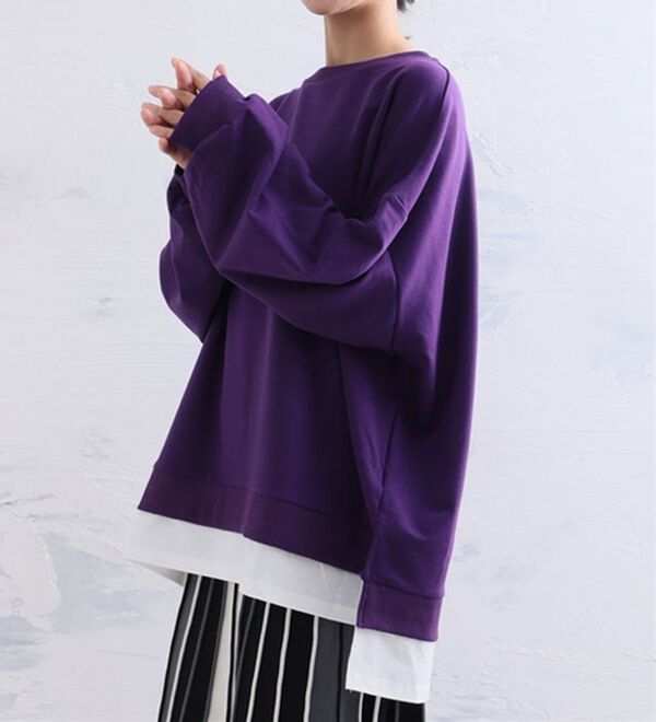 A HAPPY MARILYN（アハッピーマリリン）の「【Ｌ～１０Ｌ】ゆるっと楽ちん！着ぶくれ回避の　重ね着風　ミニ裏毛　プルオーバー（カットソー）」｜パープル／オフ