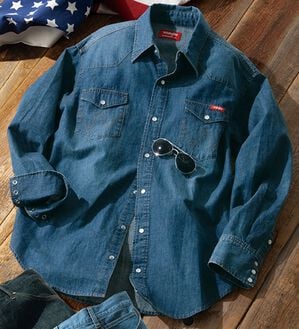 「＜ラングラー＞麻入りデニムシャツ（メンズシャツ）」｜ヴィンテージブルー