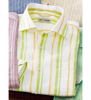 「きちんと見えるフレンチリネン１００％シャツ（メンズシャツ）」｜グリーンストライプ