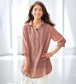 BELLUNA（ベルーナ）の「【シャツ+インナーのセット】スラブ素材ボタン使い裾タックシャツアンサンブル（アンサンブル）」｜コーラル