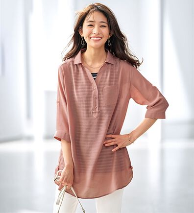 BELLUNA（ベルーナ）の「【シャツ+インナーのセット】スラブ素材ボタン使い裾タックシャツアンサンブル（アンサンブル）」