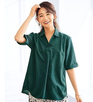 BELLUNA（ベルーナ）の「麻調素材袖ボタン使いブラウス（ブラウス）」｜ターコイズ