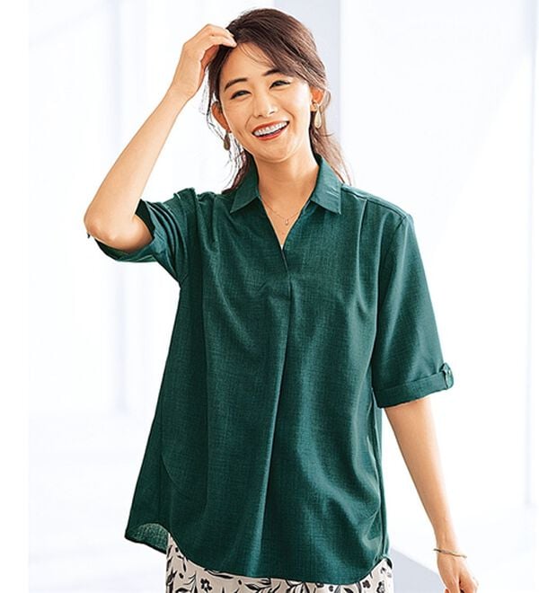 BELLUNA（ベルーナ）の「麻調素材袖ボタン使いブラウス（ブラウス）」｜ターコイズ