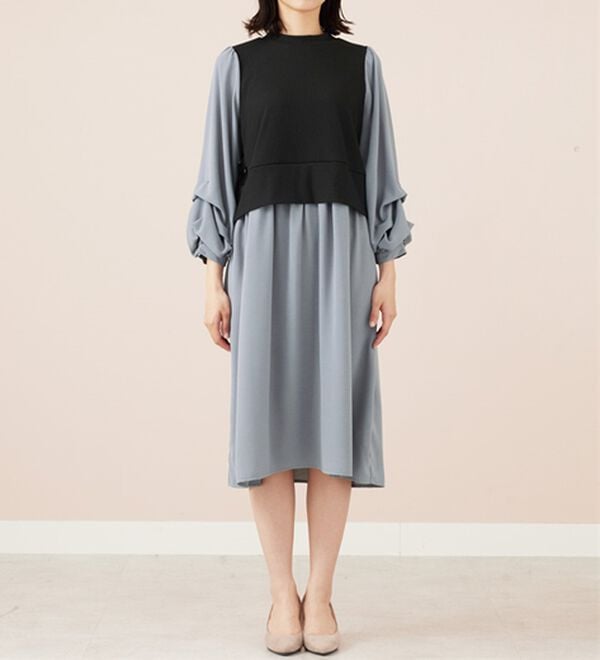 BELLUNA（ベルーナ）の「袖タックデザイン異素材切替ワンピース（その他ワンピース）」｜詳細画像