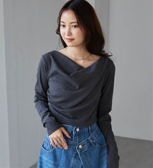 RANAN（ラナン）の「【春色追加】上品ドレープリブロングＴシャツ（カットソー）」｜詳細画像