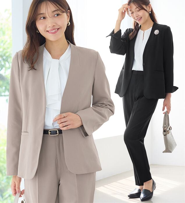 女性スーツ ノーカラースーツ スカート ベージュスーツ レディース