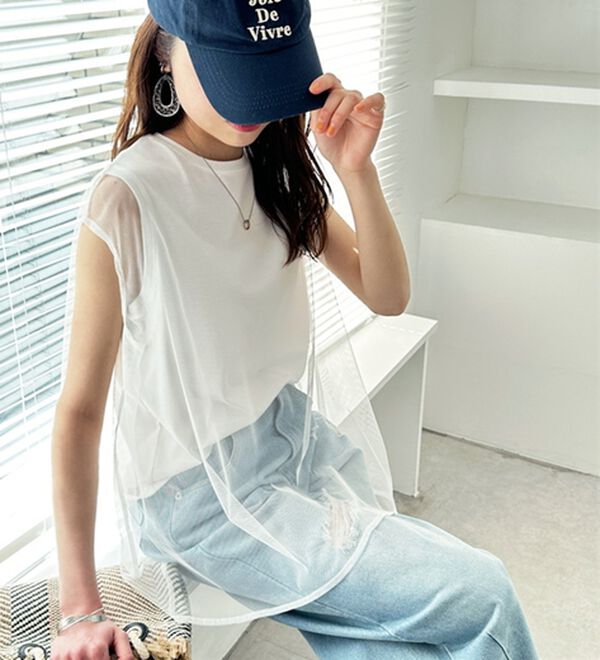 GeeRA（ジーラ）の「チュールカバーフレンチスリーブカットソー（カットソー）」｜詳細画像