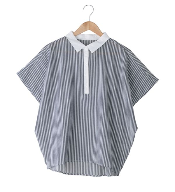 BELLUNA（ベルーナ）の「ストライプ柄衿配色ブラウス（ブラウス）」｜ネイビー