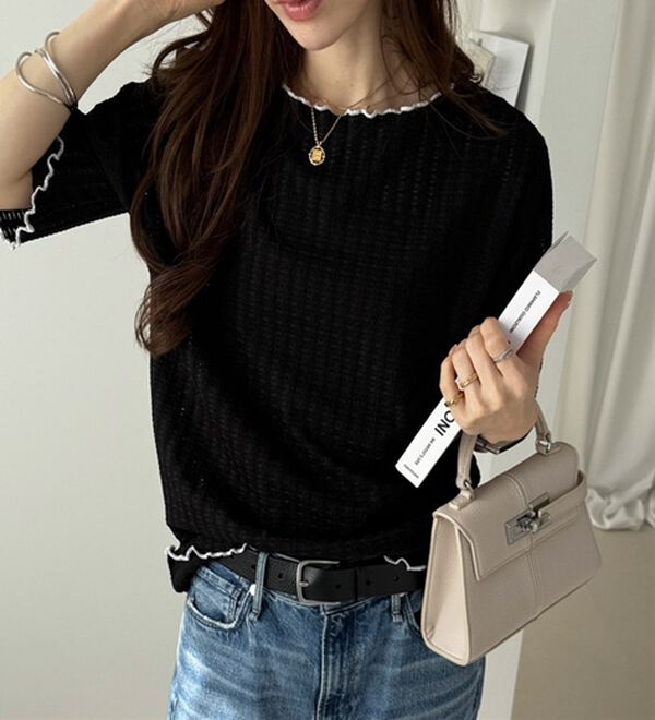 GeeRA（ジーラ）の「配色メロー５分袖表面感カットソー（カットソー）」｜詳細画像