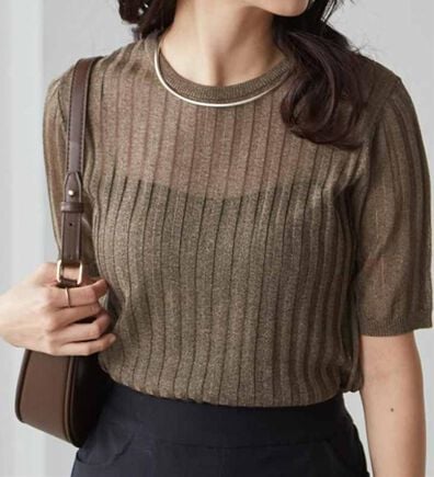 RANAN（ラナン）の「5分袖シアーラメリブニット（ニット・セーター）」