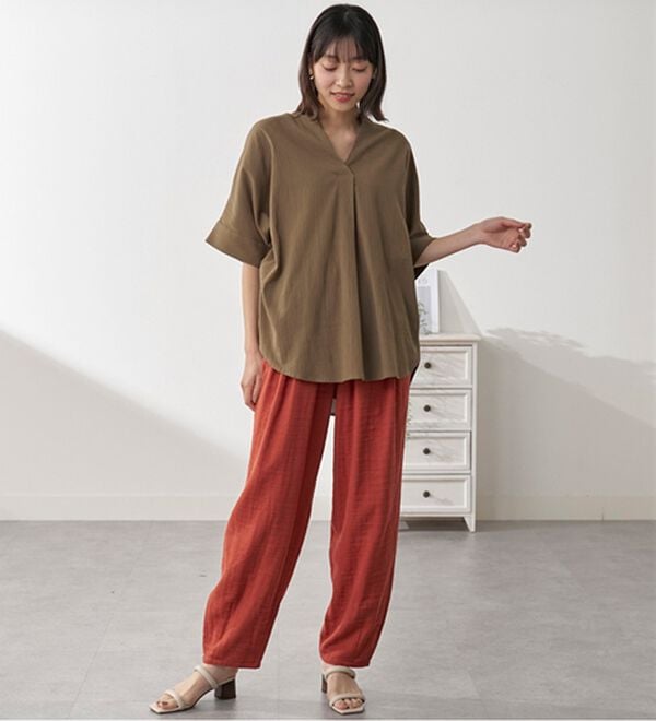 BELLUNA（ベルーナ）の「綿麻ダブルガーゼポッケギャザーパンツ（フルレングスパンツ）」｜詳細画像