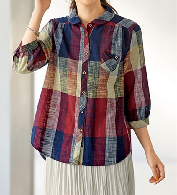 mykページ スラブ調先染めチェック ポケットデザインブラウス - ベルーナ