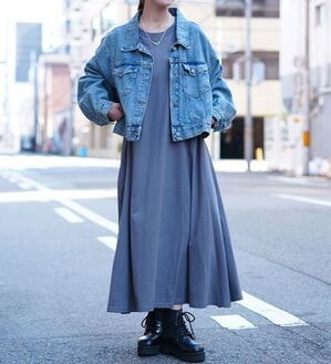 A HAPPY MARILYN（アハッピーマリリン）の「【Ｌ～８Ｌ／選べるネック】ＵＳＡコットンＡラインワンピース（ロングワンピース）」｜チャコール