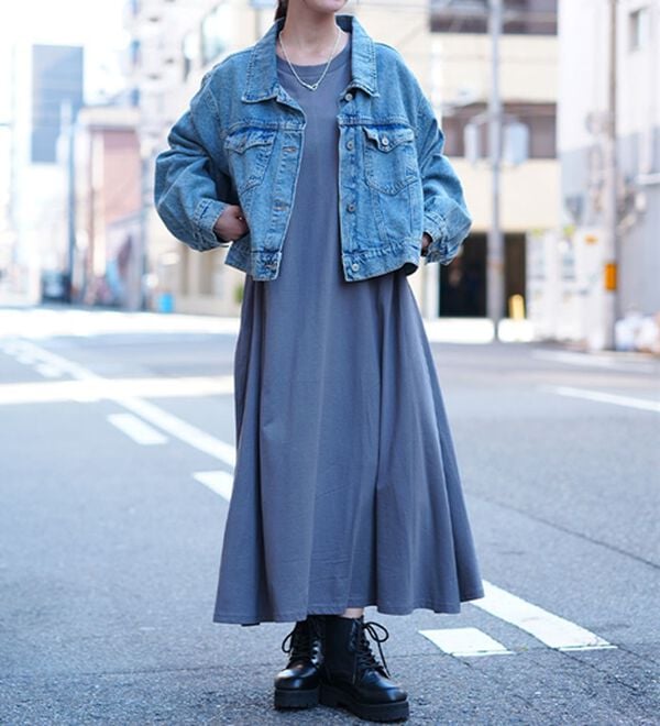 A HAPPY MARILYN（アハッピーマリリン）の「【Ｌ～８Ｌ／選べるネック】ＵＳＡコットンＡラインワンピース（ロングワンピース）」｜チャコール