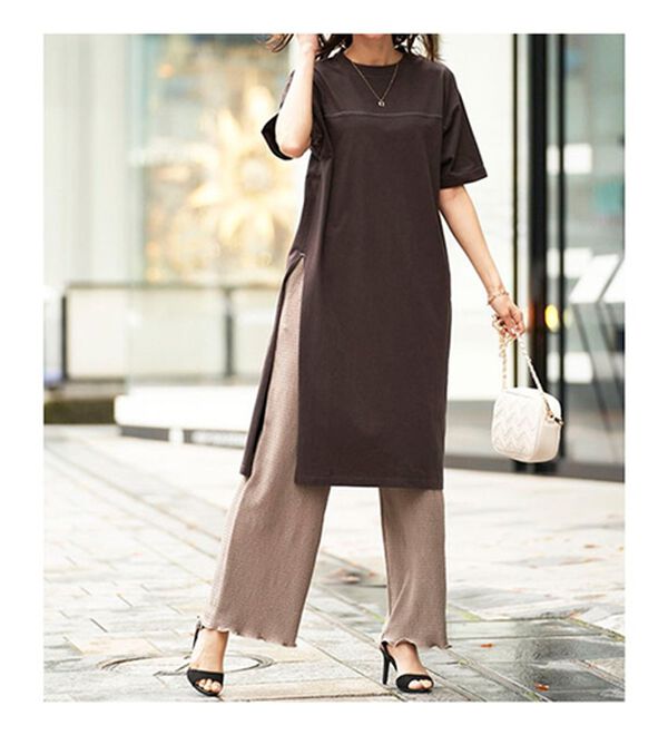 BELLUNA（ベルーナ）の「【楊柳イージーパンツ付】ひんやり！スリットデザインワンピース（カットソーワンピース）」｜詳細画像