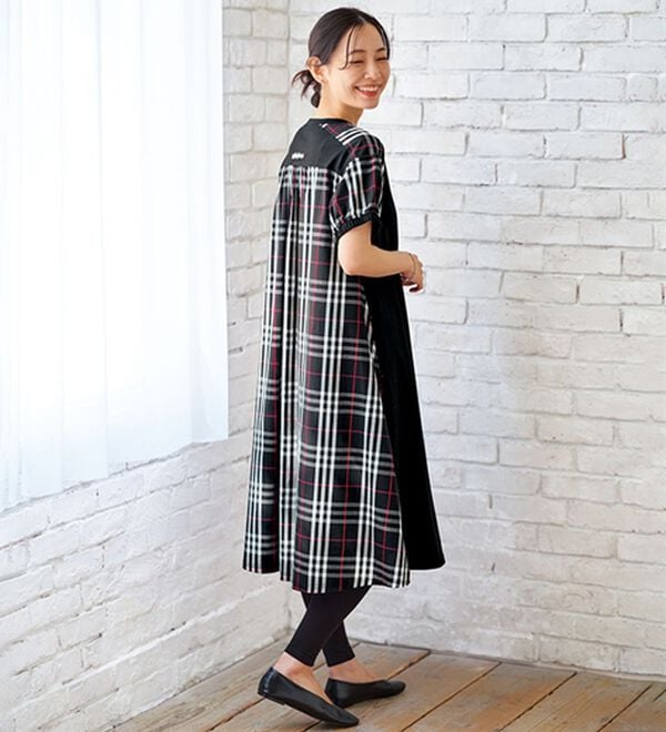 BELLUNA（ベルーナ）の「【２枚組】チェック使いランタンスリーブワンピース（カットソーワンピース）」｜詳細画像
