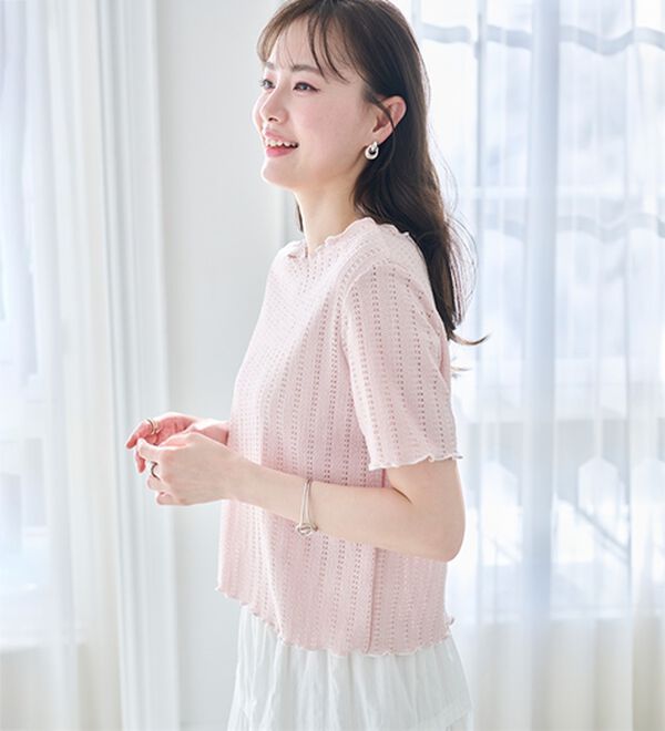 RANAN（ラナン）の「インせず着られる！透かし柄メロー配色Ｔシャツ（カットソー）」｜詳細画像