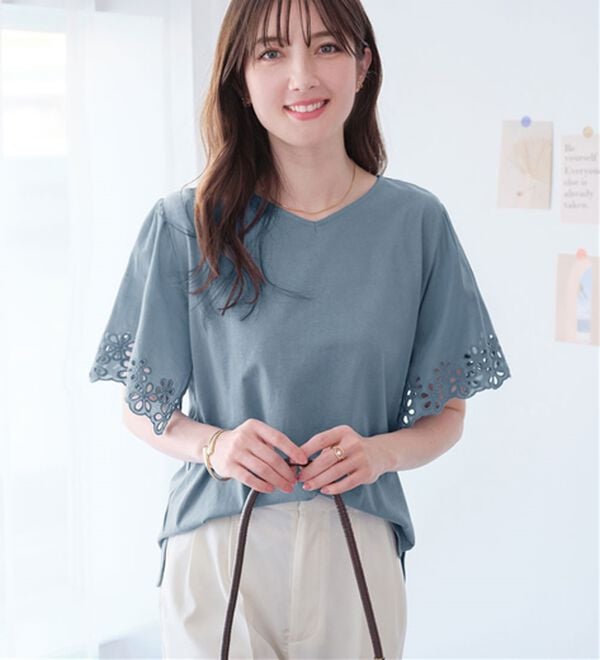 alotta（アロッタ）の「【接触冷感】綿１００％袖レースプルオーバー　さらひやりコットン【イエべ・ブルべ】（カットソー）」｜詳細画像