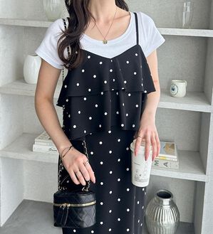 GeeRA（ジーラ）の「フリルキャミワンピース（カットソーワンピース）」｜クロ系ドット