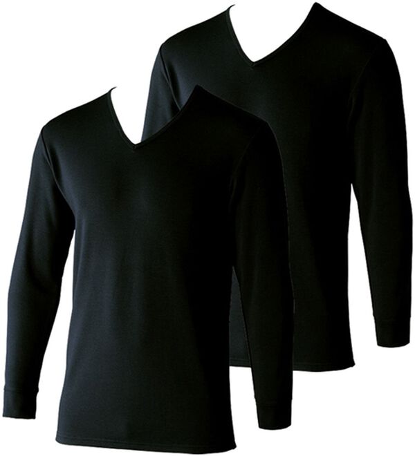 「【２枚組】＜ベルウォーム（Ｒ）＞しっかり厚地素材の＋４℃暖かインナー（メンズ肌着・インナーウェア）」｜ブラック 長袖V首