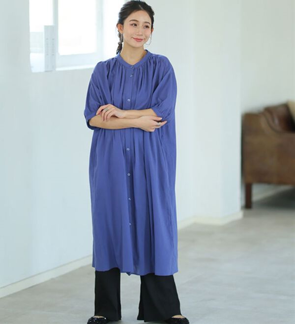 A HAPPY MARILYN（アハッピーマリリン）の「【Ｌ～６Ｌ】【風通るプレミアム】綿１００％ 楊柳 五分袖 ギャザーたっぷりワンピース（カットソーワンピース）」｜詳細画像