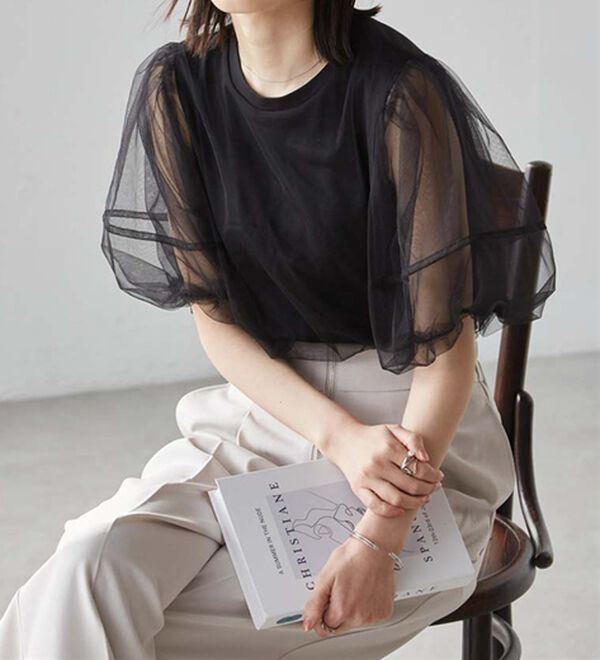 RANAN（ラナン）の「【ひんやり】チュールレイヤードパフスリーブTシャツ（カットソー）」｜詳細画像