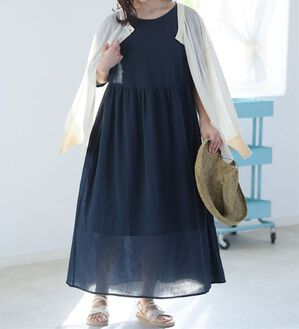 A HAPPY MARILYN（アハッピーマリリン）の「【Ｌ～６Ｌ】【風通るプレミアム】綿　楊柳　五分袖　ウエスト切替ワンピース（カットソーワンピース）」｜ネイビー