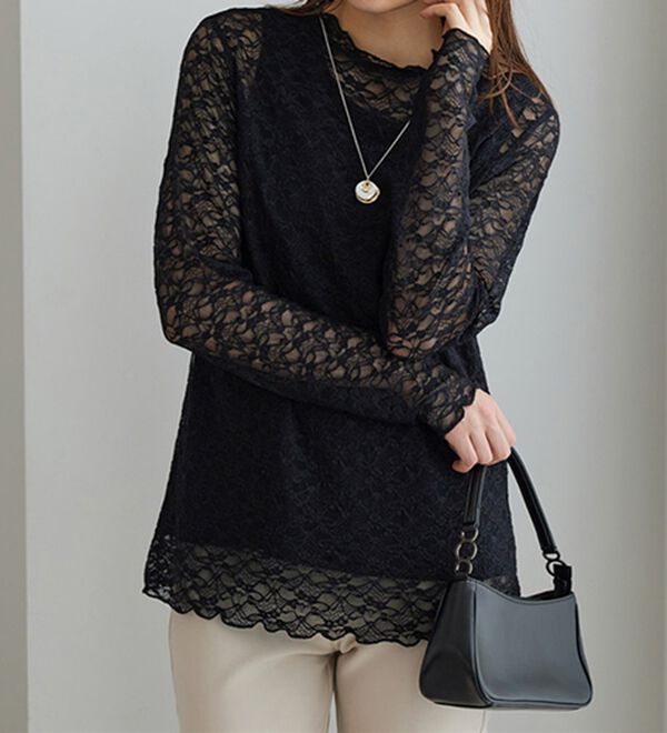 BELLUNA（ベルーナ）の「【重ね着にぴったり♪】のびやかレース素材メロー使いインナー（カットソー）」｜詳細画像