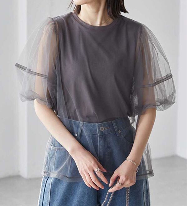 RANAN（ラナン）の「【ひんやり】チュールレイヤードパフスリーブTシャツ（カットソー）」｜詳細画像