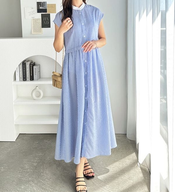 GeeRA（ジーラ）の「クレリック配色ウエストギャザーシャツワンピ―ス（シャツワンピース）」｜詳細画像