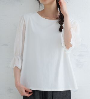 A HAPPY MARILYN（アハッピーマリリン）の「選べる袖異素材 キレイめカットソー 半袖 プルオーバー（カットソー）」｜Bタイプ／オフ