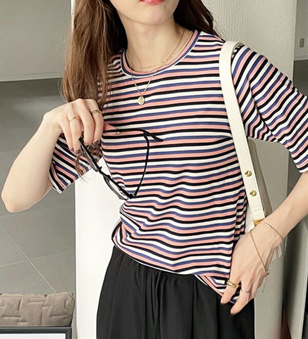 GeeRA（ジーラ）の「マルチボーダー５分袖リブカットソー（カットソー）」｜詳細画像