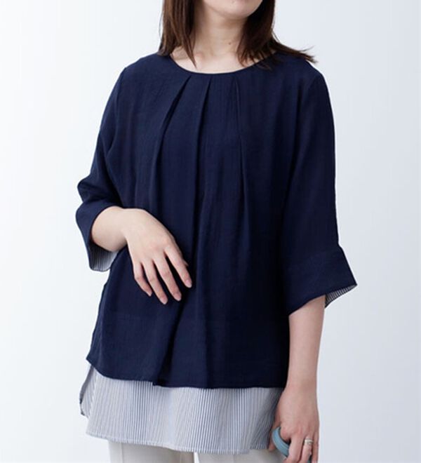 BELLUNA（ベルーナ）の「スラブ素材袖＆裾切替チュニック（チュニック）」｜ネイビー