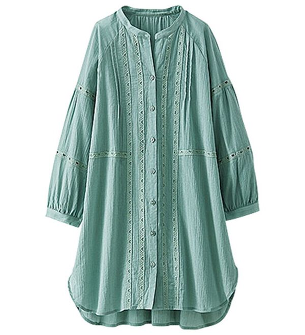 BELLUNA（ベルーナ）の「刺しゅうレース切替シャツチュニック（チュニック）」｜セージ