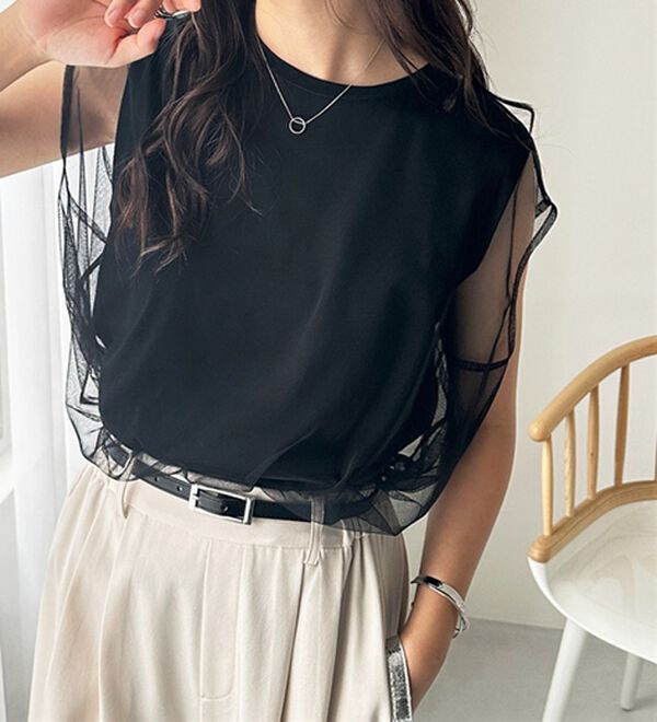 GeeRA（ジーラ）の「チュールカバーフレンチスリーブカットソー（カットソー）」｜詳細画像