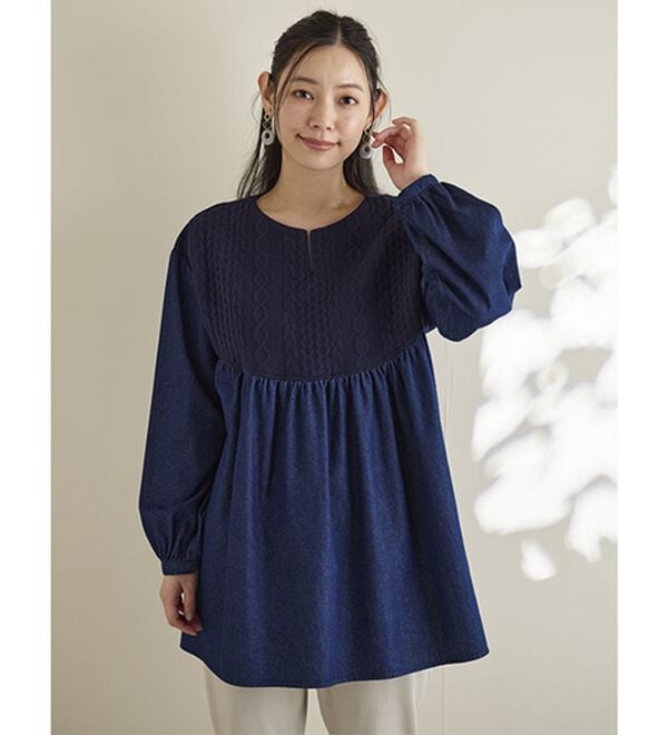 BELLUNA（ベルーナ）の「【２枚組】ケーブルジャカードデニム切替チュニック（チュニック）」｜詳細画像