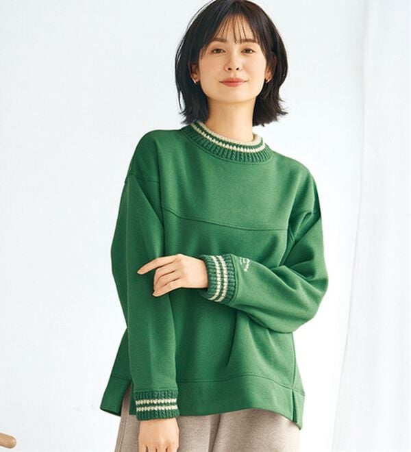 BELLUNA（ベルーナ）の「裏起毛ニット切替袖刺しゅうプルオーバー（カットソー）」｜グリーン