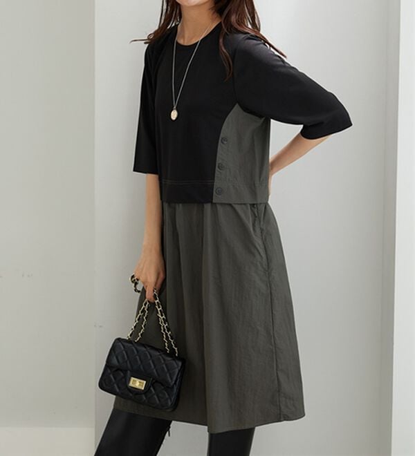 BELLUNA（ベルーナ）の「異素材切替ボタン使い配色ワンピース（その他ワンピース）」｜詳細画像