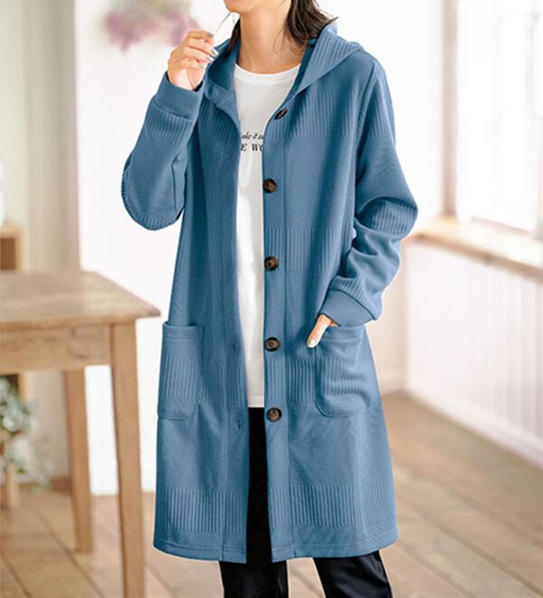 BELLUNA（ベルーナ）の「ボーダージャカード素材フードカーディガン（その他ジャケット）」｜ブルー