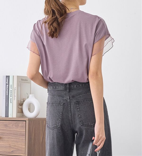 alotta（アロッタ）の「１枚でこなれ感！袖チュールデザイン綿混Ｔシャツ（Tシャツ）」｜詳細画像