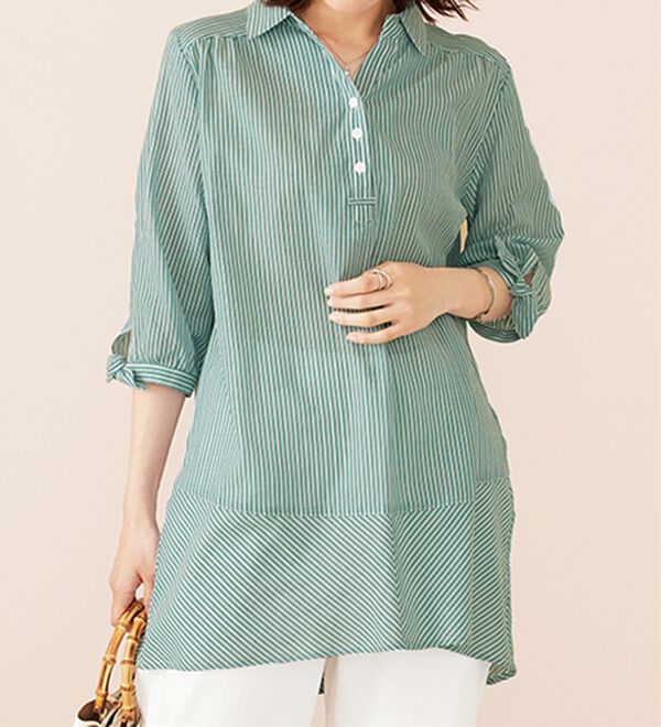 BELLUNA（ベルーナ）の「綿１００％ストライプ袖リボンチュニック（チュニック）」｜詳細画像