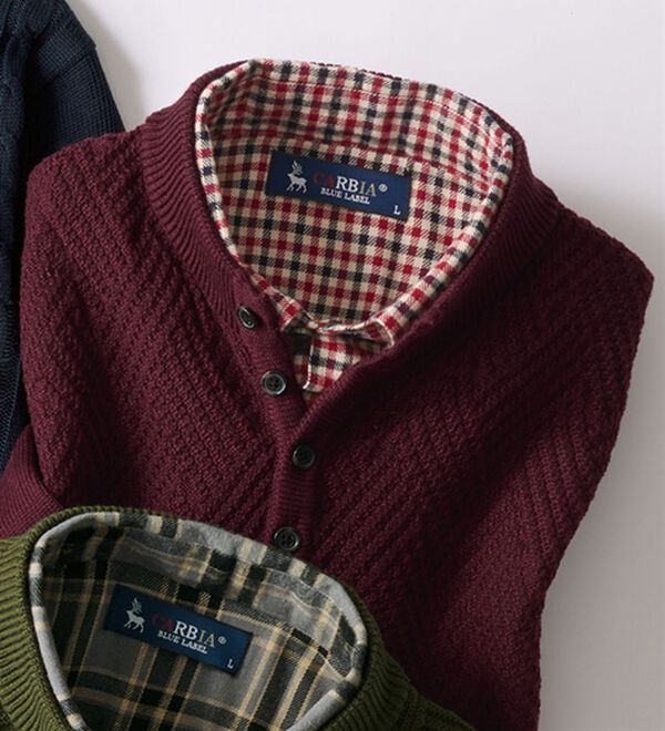 「楽々お洒落見えダブル衿セーター（メンズニット・セーター）」｜ワイン